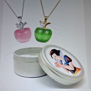 Pink and Green Apple Necklaces with Snow White Tin New